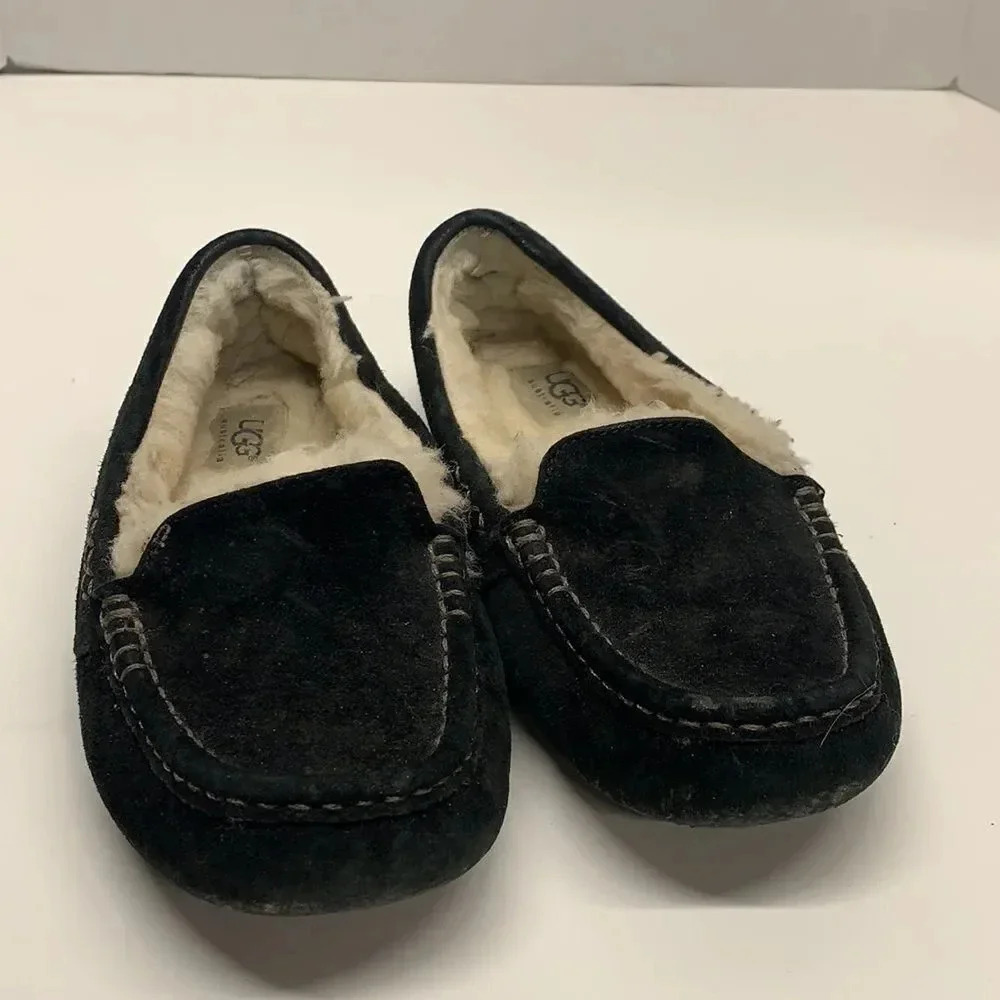 Ugg Ansley Slippers Suede Slip On Shearling Lined Moccasins Shoes Black Size 6 - Picture 3 of 12